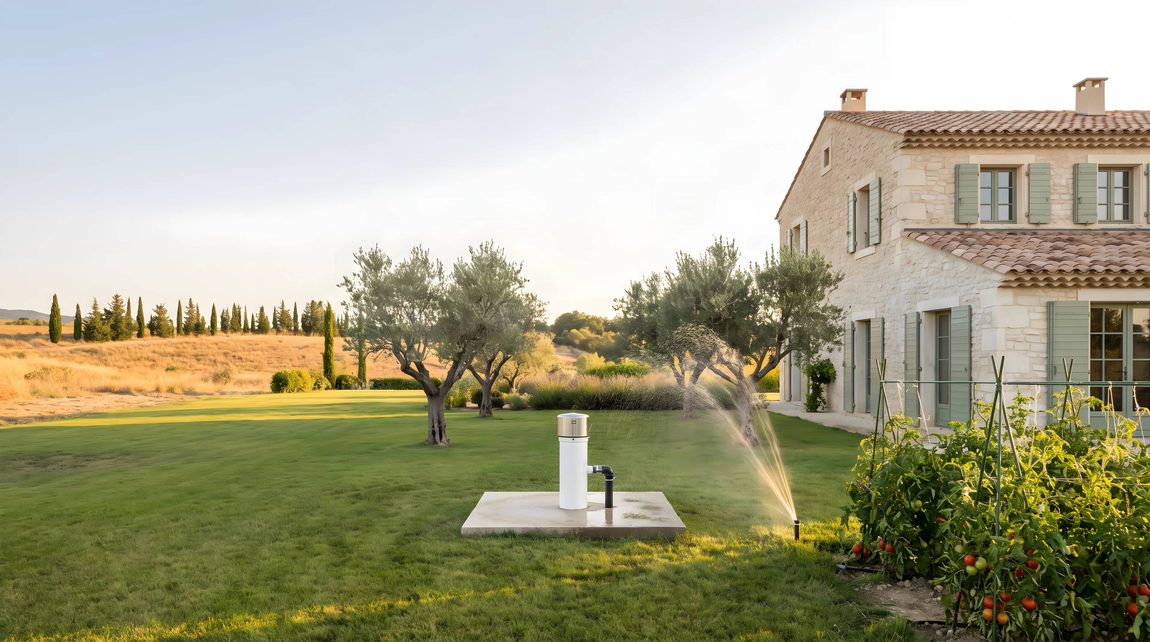 Jardin d'un mas provençal arrosé en août, tête de forage blanche sur sa dalle entre les oliviers