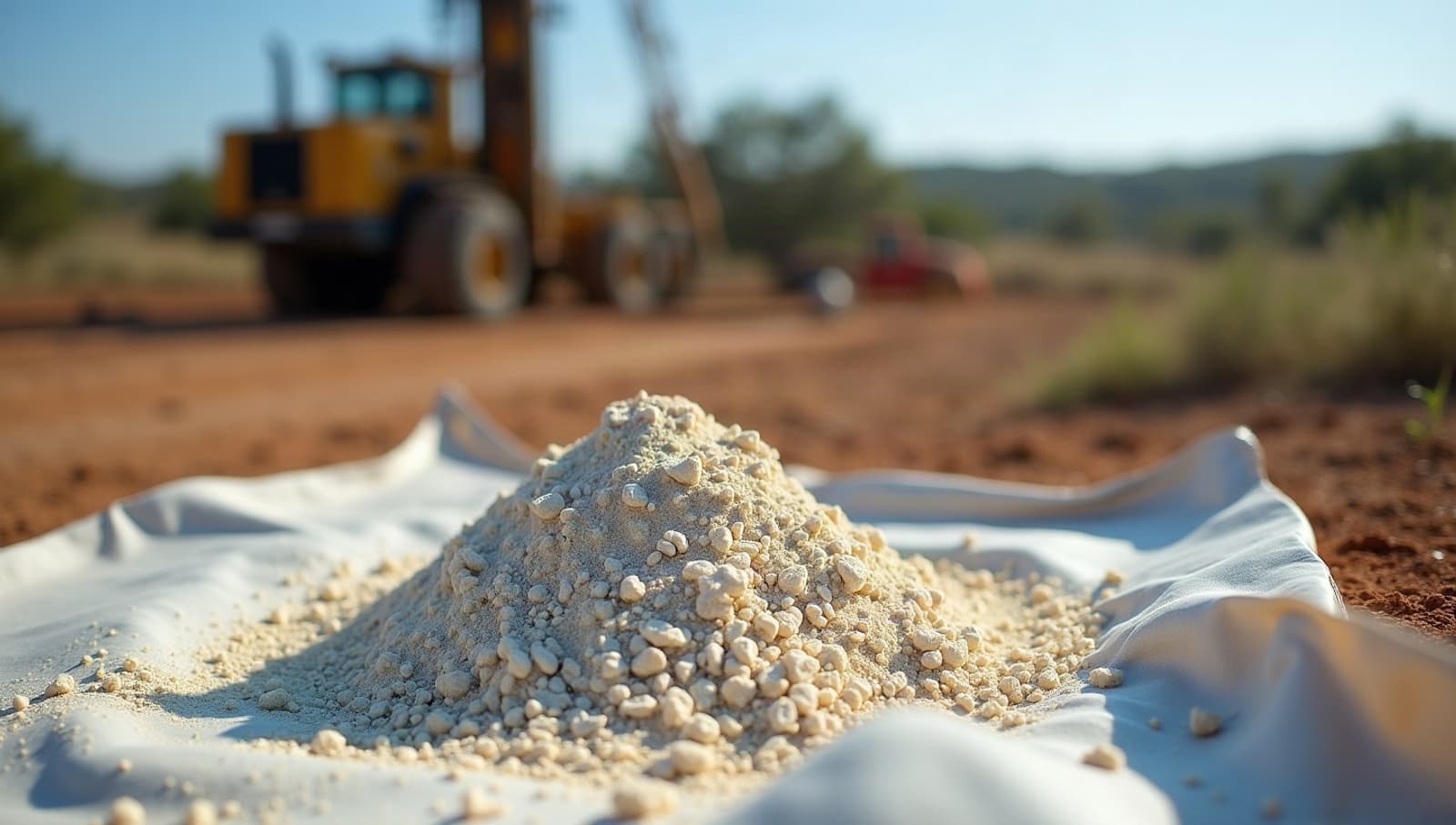 Poudre et éclats de calcaire blanc remontés du forage, sur une bâche dans la garrigue